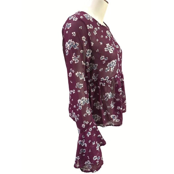 Aeropostale Sheer Floral Chiffon Blouse Size Small Burgundy White Bell Sleeves - Picture 2 of 10
